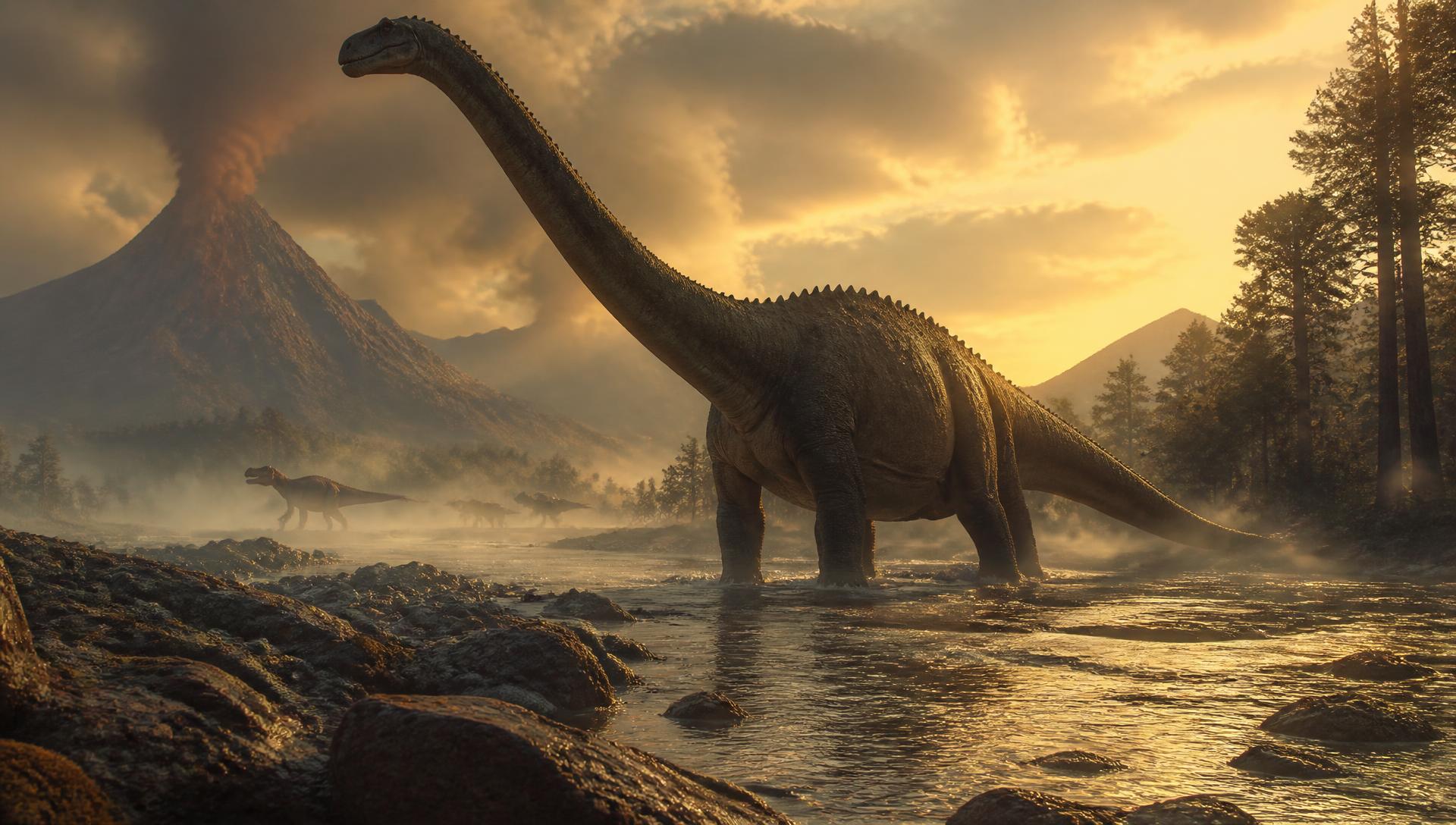 A sauropod wading through a misty Jurassic river valley at golden hour